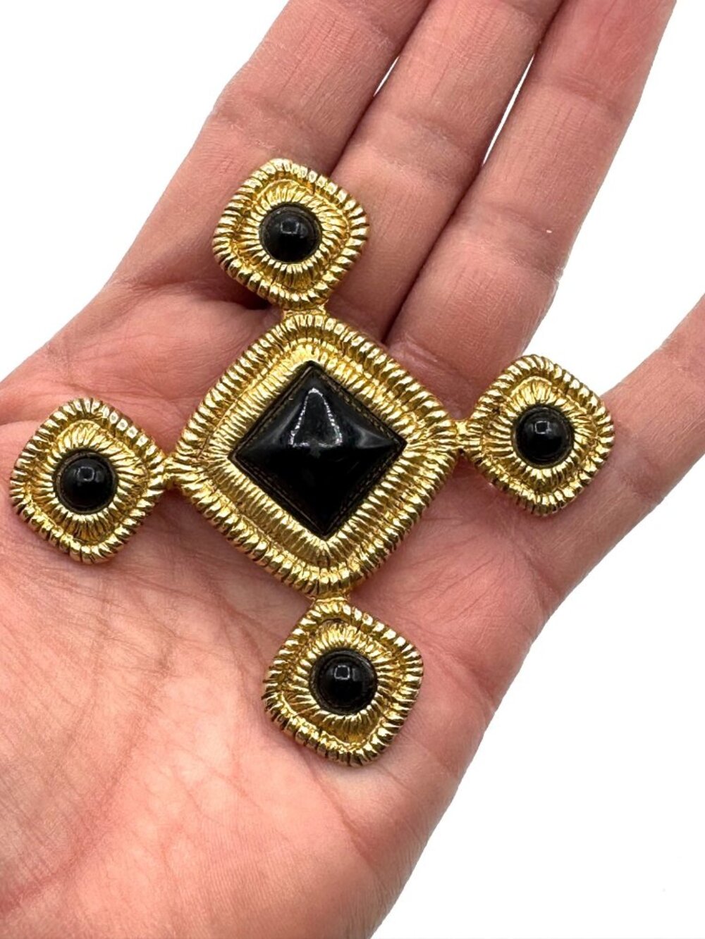 Vintage Maltese Cross  With Black Lucite Cabochons and Gold Tone